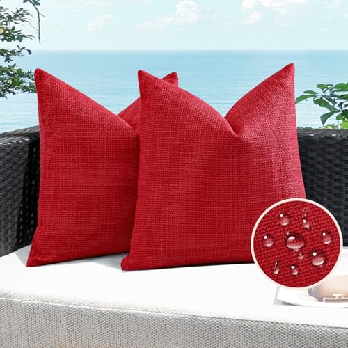 Artscope Outdoor Waterproof Throw Pillow Covers 18x18 Inch Decorative Linen Outdoor Pillows Cushion Case for Patio Couch Sofa - Red