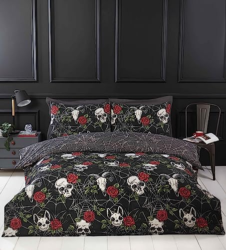 Rapport Home Skulls & Roses King Duvet Cover Set - Reversible Gothic Black Floral Skull Print Bedding with Pillowcases - Soft, Easy Care Polyester Quilt Cover for Adults & Teens