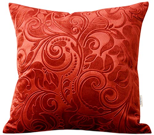 "TangDepot Embossed Velvet Throw Pillow Cover-(14"" x 14"", C09 Brick Red) - Color-matched invisible zipper. Easy Clean. Swap covers refresh without new pillows. for sofa, bed, office, indoor/outdoor."
