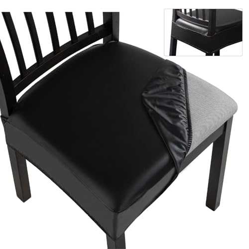 SearchI Waterproof PU Dining Chair Seat Covers Set of 4, Soft Removable Washable Seat Covers for Dining Chairs, Dining Room Seat Cover Protector (Rear-Covered, Black PU)