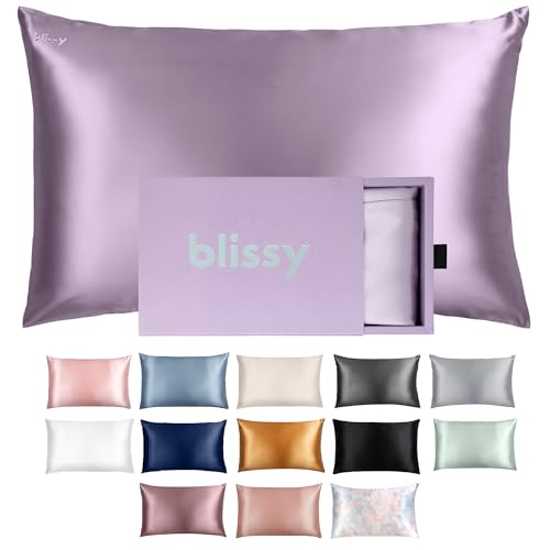 BLISSY Blissy Silk Pillowcase - 100% Pure Mulberry Silk - 22 Momme 6A High-Grade Fibers - Satin Pillow Cover for Hair & Skin - Regular, Queen & King with Hidden Zipper (Queen, Lavender)