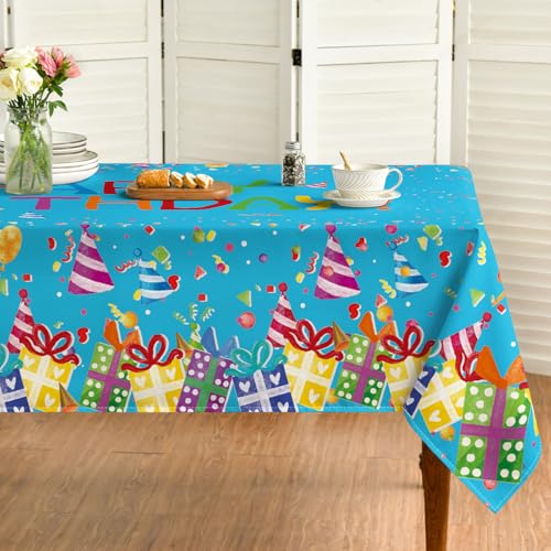 Horaldaily Birthday Tablecloth 60x120 Inch Rectangular, Happy Birthday Ballon Blue Washable Seasonal Table Cover for Party Picnic Dinner Decor