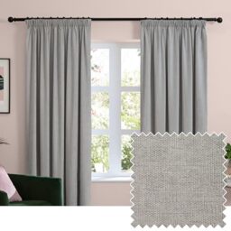 furn. Soft Chenille Blackout Pencil Pleat Curtain Pair – Soft Touch Matt Textured Lined Minimalist Curtains (Silver - 229x229cm)
