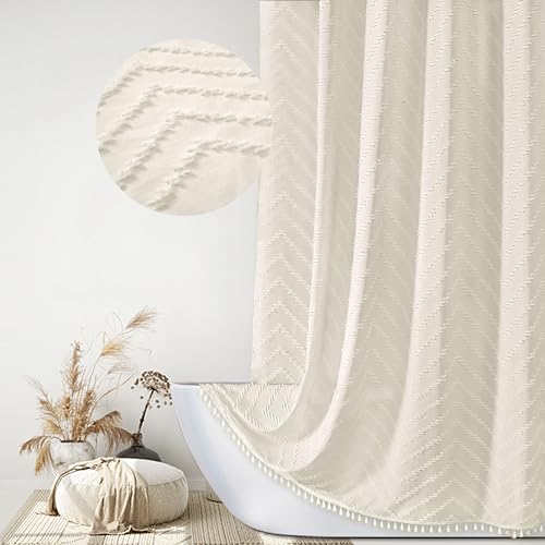 Siiluminisoy Boho Farmhouse Shower Curtain - Woven Fabric, Cream, 72 x 72, Tufted Chevron Textured Striped Modern Minimalist for Bathroom