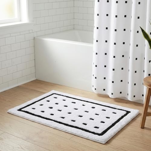 Croydex Soft White Non Slip Bath Mat with Black Square Design, Recycled Cotton Bathroom Mat, Machine Washable 45 x 68 cm for Modern Homes