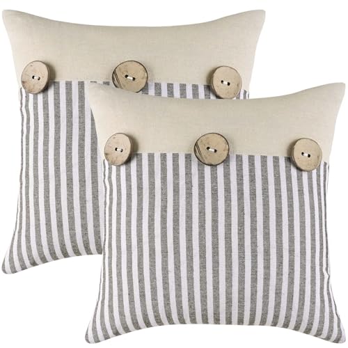 ASPMIZ Linen Throw Pillow Covers 20x20 Set of 2, Boho Farmhouse Couch Pillow Cover with Rustic Buttons, Soft Decorative Cushion Covers for Sofa, Bedroom, Living Room, Home Decor, Brown