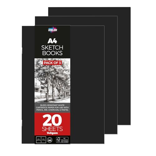 3 x A4 Soft-Cover Sketchbooks by Zieler?? - 140gsm - 20 Sheets - Soft-White Sheets for use with Pencil, Ink, Charcoal & Pastel