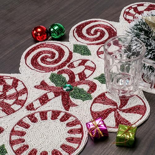 Christmas Table Runners 36 Inches, Candy Beaded Table Runner, Table Mats for Kitchen Table - Home Decor Mat for Harvest, Thanksgiving, Wedding, Party Decoration - Red/Green/White