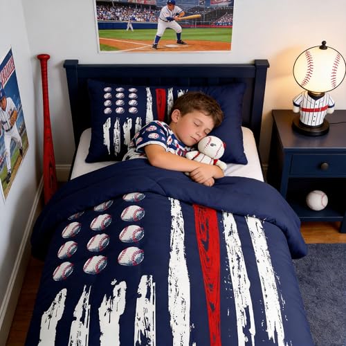 Castle Fairy Kids Baseball Gaming Comforter Set Twin Size Navy Blue Bedding Set for Boys Girls Teens Bedroom Decor American Flag Coverlet Set Women Men Ball Games Quilt Set with 1 Pillow Case