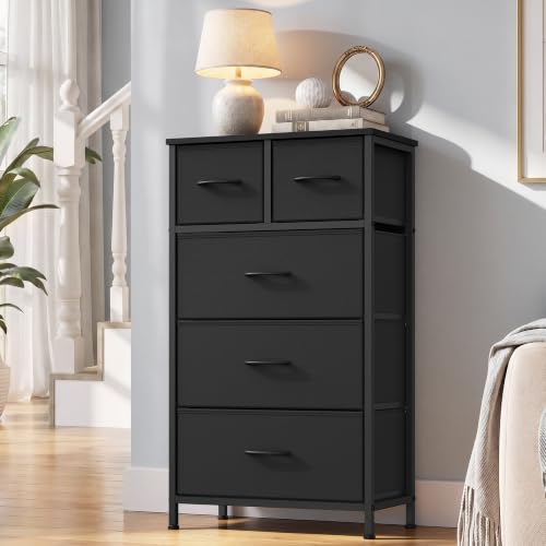 SONGMICS Chest of Drawers, 5 Fabric Drawers Storage Unit, Wooden Top and Steel Frame, 50.6 x 30 x 96.2 cm, for Bedroom, Closet, Hallway, Living Room, Ink Black LGS431B101