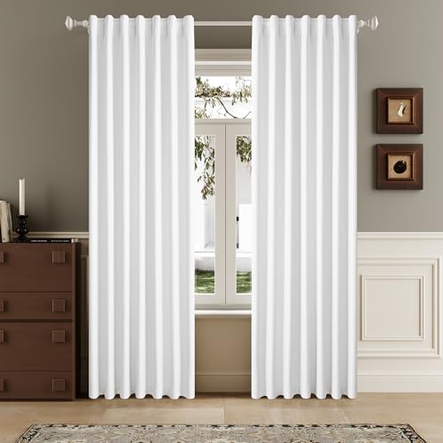 "DUALIFE 100% Blackout Linen Pure White Curtains 84 Inch for Living Room Darkening, Bedroom Linen Drapes 84 Inches Long Rod Pocket/Back Tab Heat Blocking Bohemian Pleated Window Curtain(50""x84""x2)"