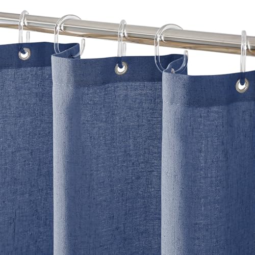 "QIYI Linen Shower Curtain for Bathroom, Waterproof & Heavy Duty Fabric Shower Curtain Set with 12 Clear Hooks, Neutral Boho Farmhouse Decorative Cloth Bath Curtain Liner, 72""x72"", Navy Blue"