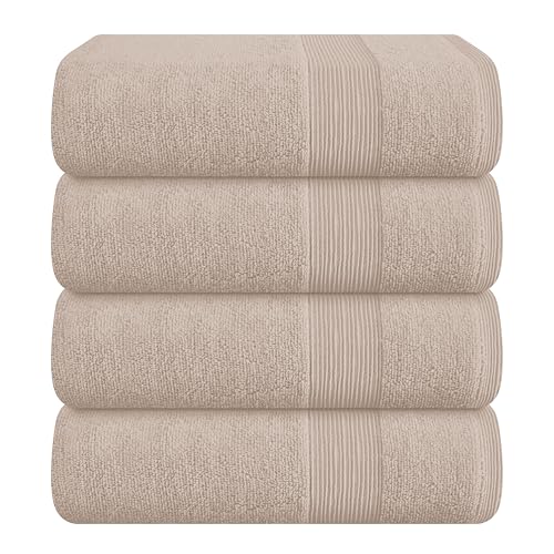 Elvana Home 4 Pack Bath Towel Set 27x54, 100% Ring Spun Cotton, Ultra Soft Highly Absorbent Machine Washable Hotel Spa Quality Bath Towels for Bathroom, 4 Bath Towels Tan