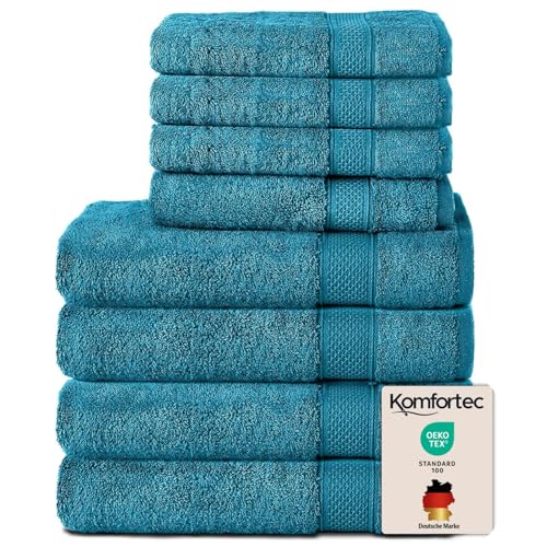 Komfortec Set of 8 100% Cotton Towels 470 g/m², 4 Bath Towels 70 x 140 cm and 4 Hand Towels 50 x 100 cm, Soft Terry Towelling, Large Size, Turquoise