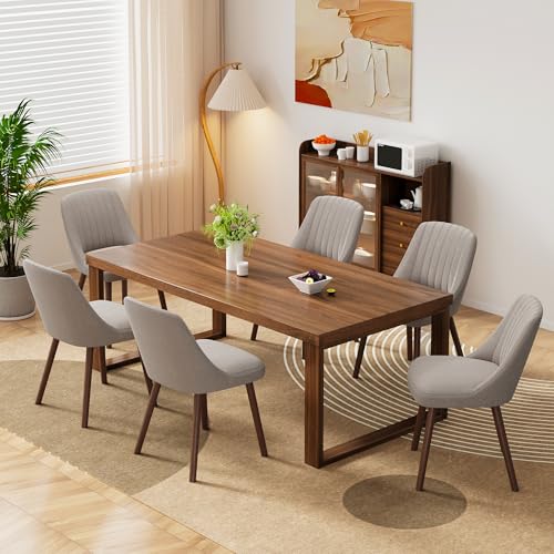 MALOL Wooden Dining Chairs Set of 6, Fabric Chairs for Dining Room with with Wood Legs and Thick Seat Cushion, Upholstered Kitchen Chair with Anti-Slip Pads, Taupe