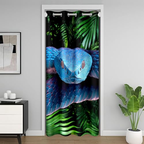 "Snake Door Curtain For Doorway Privacy, Blue Snake Blackout Curtain, 3D Reptile Blue Scales Door Drape, Palm Leaf Wild Animal Stylish Closet Curtain For Kids Boys Teens Man, 1 Panel, 59""W X 80""L"