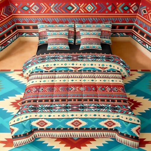 Erosebridal White Red Blue Cowboy Aztec King 7-Piece Comforter Set - Cowgirl Southwestern Sheets and Pillowcases Bohemian Farmhouse Bed in A Bag Adults Tribal Bed Sets