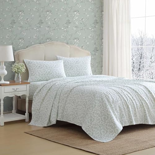 Laura Ashley - Full Bed Sheets, Cotton Flannel Bedding Set with Matching Pillowcases, Brushed for Extra Softness, Deep Pocket, Oeko-Tex Certified (Brinna Green)