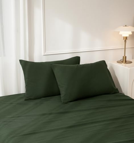JIYUAN 100% Washed Cotton Pillowcases Set Envelope Closure Pack of 2 Comfy Simple Style Soft Breathable Textured Durable Linen Feel Bedding for All Seasons King Size,Forest Green
