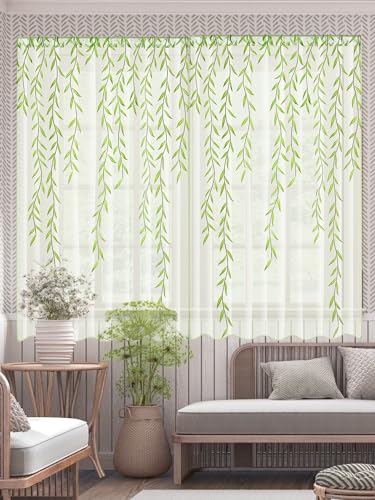 Breling Willow Voile Curtains Cute Green Sheers Leaf Tulle Vine Window Sheers Ivy Pretty Curtain for Living Room Bedroom Window Door Balcony(52x63inch,Print Style,2)
