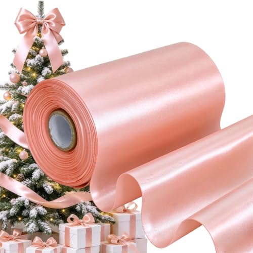 TONIFUL Rose Gold Wide Satin Ribbon - 100mm x 20m Pink Satin Ribbons Solid Fabric Ribbons for Gift Wrapping Christmas Tree Wedding Car Chair Pageant Sashes Grand Opening Festival Party Decor