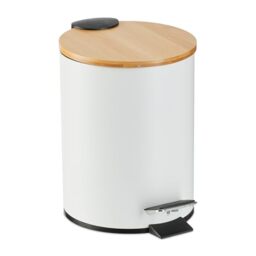 Relaxdays Step Pedal Bin, 3 Litre, Soft-close Bamboo Lid, Removable Inside, Bathroom Cosmetic Waste, Metal, White