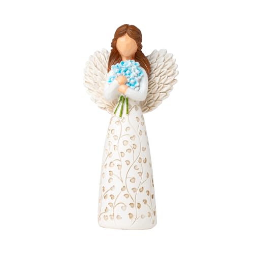 DEWLULU Decorative Angel Figurine with Forget-Me-Not Bouquet, White Dress with Leaf Pattern, Tree of Life Design - Collectible Sculpture for Mom Gifts, Forget Me Not Gifts for Women(Blue Flower)
