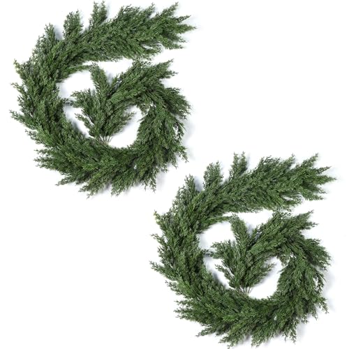 2 Pack Christmas Cedar Pine Cypress Vines Faux Evergreen Cascade Garland for Indoor Outdoor Table Stairs Winter Decoration (6 ft)