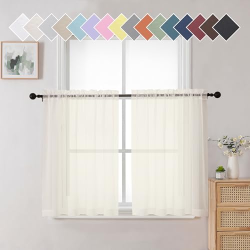 "Aiyufneg Ivory Sheer Curtains 36 inch Length Kitchen Tiers Short Voile Curtains/Drapes Solid Sheers Cafe Curtains Voile Bathroom Small Half Window Curtains 2 Panels Set, Rod Pocket, 40"" Wx36 L"