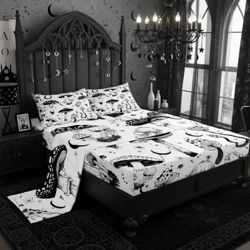 Wild Mushroom Bed Sheet Set Twin Size,Abstract Sun Moon Starry Fitted Sheet Gothic Plants Bedding Set for Kids Boys Teens Room Decor,Black White Sketch Style Bed Cover with 1 Pillowcase