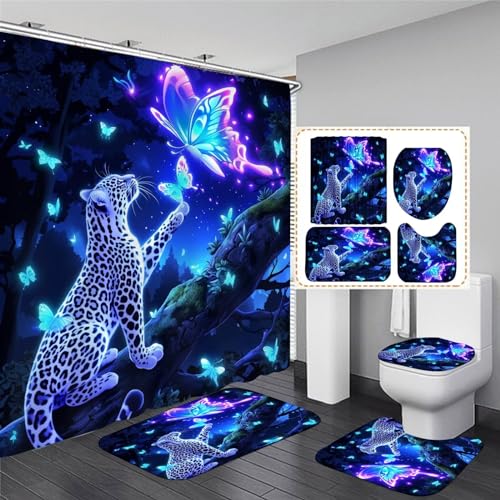 4 PCS Leopard Butterfly Bathroom Set with Shower Curtain Set with Rugs
