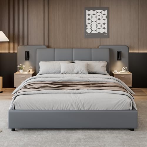 Ball & Cast Upholstered bed, With charging port and lighting, 4ft6 double bed 135×190cm, Soft sponge headboard backrest, Anti-collision sponge filling, PU + Plywood, Grey