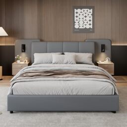 Ball & Cast Upholstered bed, With charging port and lighting, 4ft6 double bed 135×190cm, Soft sponge headboard backrest, Anti-collision sponge filling, PU + Plywood, Grey
