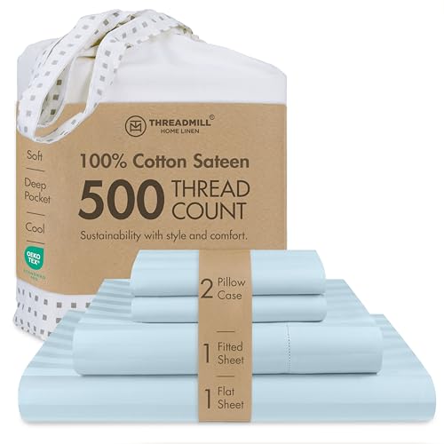 Threadmill 500 Thread Count King Size Damask Stripe, 4 Piece Cotton Bedsheet Set, Breathable Light Blue Sheets with 16'' Elasticized Deep Pocket, 2 Pillowcases & Free Tote Bag