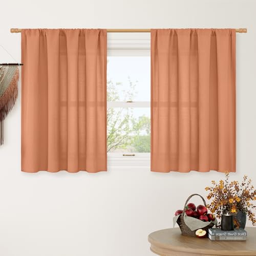 LAMIT Cafe Linen Curtains 36 Inch Length for Small Windows, Rod Pocket Light Filtering Drapes Boho Privacy Window Panels for Kitchen/Bathroom, 2 Panels, 42 x 36 Inch, Terracotta