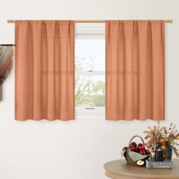 LAMIT Cafe Linen Curtains 36 Inch Length for Small Windows, Rod Pocket Light Filtering Drapes Boho Privacy Window Panels for Kitchen/Bathroom, 2 Panels, 42 x 36 Inch, Terracotta