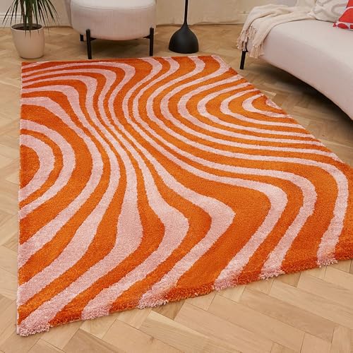 THE RUGS Joli Area Rug - Soft Dense Pile Modern Artistic Design, Durable & Easy Care Carpet for Living Room & Bedroom - Wavy Stripe Orange & Pink, 80 x 150 cm