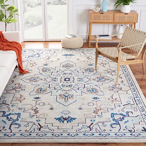Safavieh Boho Rug for Living Room, Dining Room, Bedroom - Madison Collection, Short Pile, in Ivory and Light Blue, 160 x 160 cm