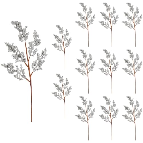 SHATCHI Christmas Tree Small Berry Picks, Glitter Stems, 50cm Silver, 12Pcs - Glitter Berry Clusters, Artificial Branches for Wreaths, Garlands, Vases, Table Centrepieces, Festive Floral Arrangements