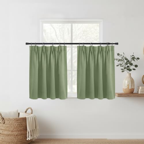 Sage Green Blackout Small Window Curtains for Kitchen,Pinch Pleat Cafe Curtains 20 Inches Long for Bathroom
