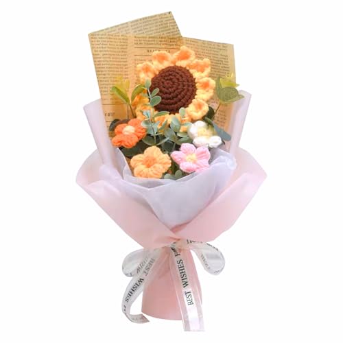 YUNBIAOSEN Crochet Flowers Bouquet, Handmade Knitted Bouquet, Crochet Bouquet Kit Knitted Fake Sunflower Daisy, Gift for Mother Wife on Birthday Valentines Anniversary (01Pink)