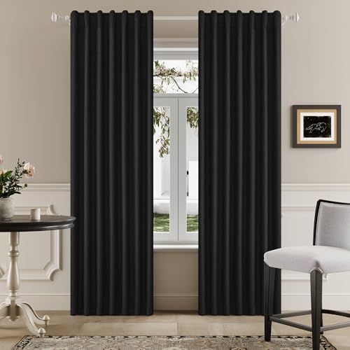 "DUALIFE 100% Blackout Linen Black Curtains 84 Inch for Living Room Darkening, Bedroom Linen Drapes 84 Inches Long Rod Pocket/Back Tab Heat Blocking Bohemian Pleated Window Curtain(50""x84""x2)"