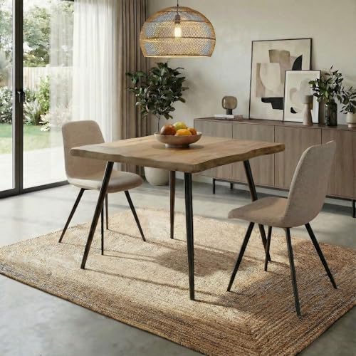 Home Source Avara Dining Set, 80cm Dining Table with Pair Ashford Chair (Beige) – Natural Oak-Effect MDF with Black Metal Legs, Boucle Upholstered, Modern 3-Piece Dining Set