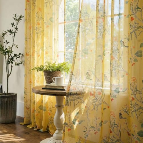 "XTMYI 84"" Long Yellow Curtains, Set of 2 Panels, Vintage Pastel Mustard Sheer Curtains, Hummingbird Grand Millenial French Country Chinoiserie for Living Room, 84"" Drop"