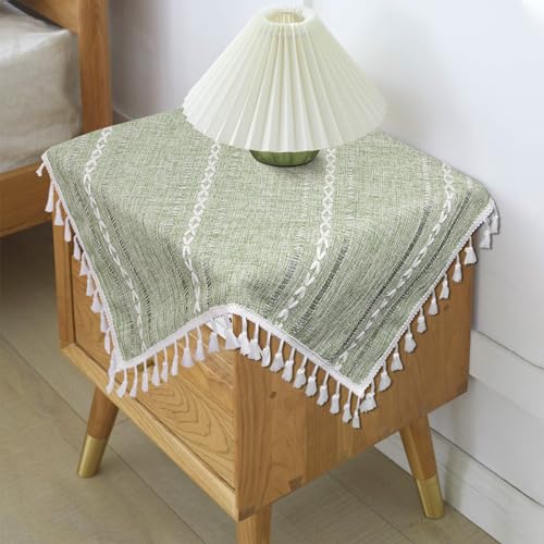 tiosggd Boho Small Square Tablecloth 24''x24'', Sage Green Linen Table Cover, Nightstand Cover Top, Round Square End Bedside Table Cloth Runner, Rustic Farmhouse Spring Green Christmas Home Decor