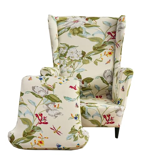 CRFATOP 2 Piece Stretch Wingback Chair Cover Printed Wing Chair Slipcovers Spandex Fabric Wingback Armchair Covers with Elastic Bottom for Living Room Bedroom Wingback Chair (06)