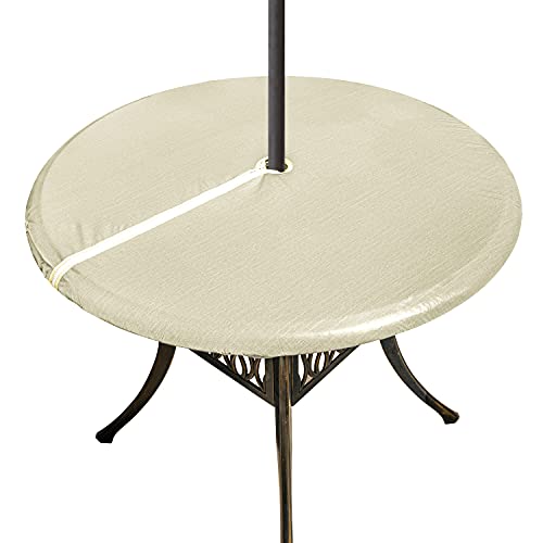 "Xikaywnt Vinyl Outdoor Tablecloth Round Patio Table Cover with Zipper and Umbrella Hole, 100% Waterproof Wipe Clean PVC Table Cloth for Party, Picnic, 45"" - 56"", Champagne"