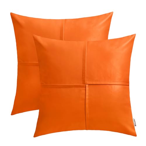 BRAWARM Faux Leather Throw Pillow Covers 20 X 20 Inches, Orange Leather Pillow Covers Pack of 2, Hand Stitched Leather Decorative Throw Pillows for Couch Sofa Bed Living Room Home Garden