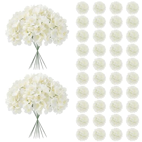JPSOR 40pcs Artificial Hydrangea Silk Flower Heads with Stems, Fake Flowers for Mothers Day Wedding Centerpiece Home Garden Party Decoration (White)