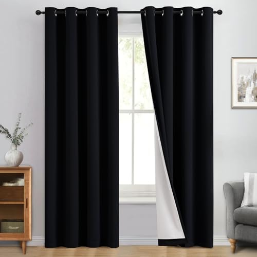 Yakamok 100% Blackout Curtain Panels 84 inches Cold and Light Blocking Drapes for Nursery, 2 Thick Layers Thermal Insulated Draperies (2 Pieces, 50 Wide Each Panel, Black Front with White Backing)